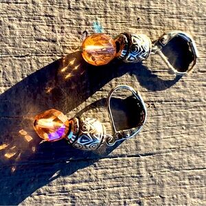 Pink and silver cut glass dangle earrings
and matching necklace. 18”